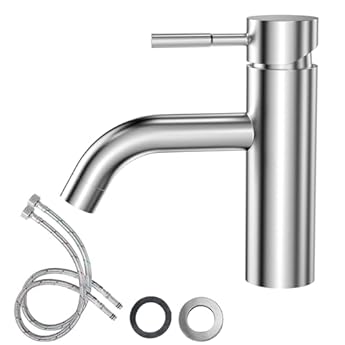 Foto di FALSKT Rubinetto Bagno Lavabo Acciaio Inossidabile 304, Miscelatore con Tubo Flessibile, Rubinetto Vasca da Bagno, Miscelatore Bagn per Lavandino in WC per Gli Ospiti (Argento)