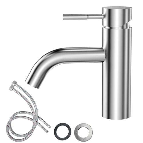 FALSKT Mitigeur Acier Inoxydable 304, Robinet Salle Bain avec Tuyau, Chaude et Froide Robinet Lavabo, Robinets Lave Main pour Lavabo Dans la Salle de Bain, les Toilettes des Invités (Argent)