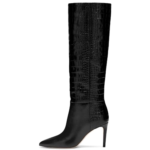 Women's Pointed Toe High Stiletto Heel Knee High Boots 3.94Inch/10cm Fashion Crocodile Calf Width Pull On High Heel Tall Boots Fall Winter Dressy Long Boots for Women