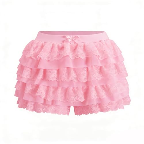 IQLWI Womens Y2k Ruffle Shorts Lace Layer Bloomers Sexy Booty Mini Skirt Pumpkin Sweet Pettipants Pink Large