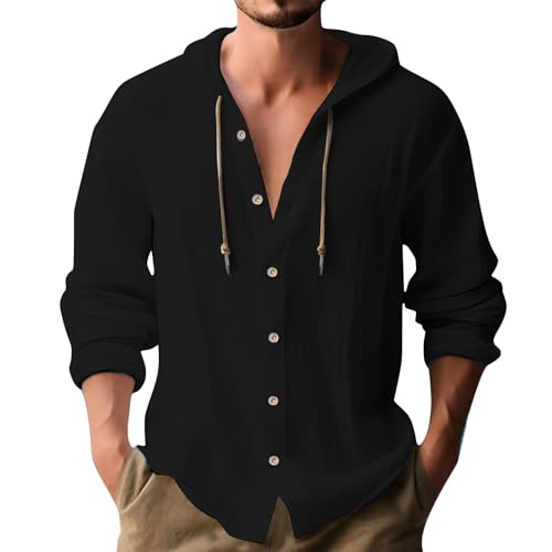 Camisa de algodón y lino, camisa estampada para hombre, manga larga, con estampado de dragón, informal, transpirable, color liso, con botones, Negro, 5XL