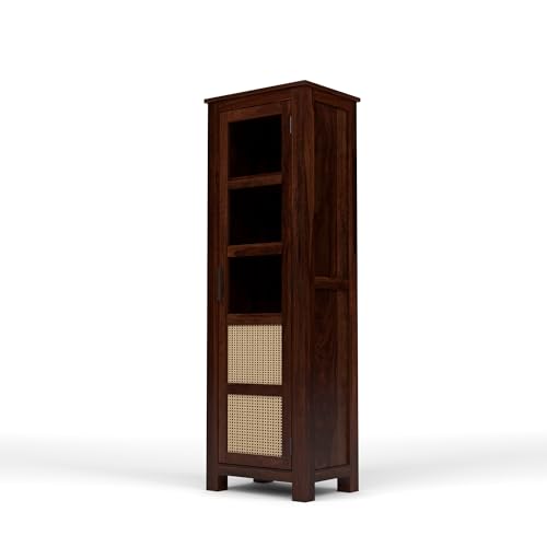 Image of Solid Sheesham Wood Bookshelf with Acrylic Glass Door | Rosewood Kitchen Cabinet with Storage Shelves for Dining Room & Office (B-Walnut Finish)