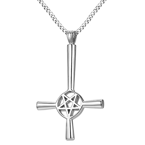 JewelryWe Collana Uomo Rtro Semplice Lucido Pentagramma Croce Inversata in Acciaio Inox, Acciaio inossidabile