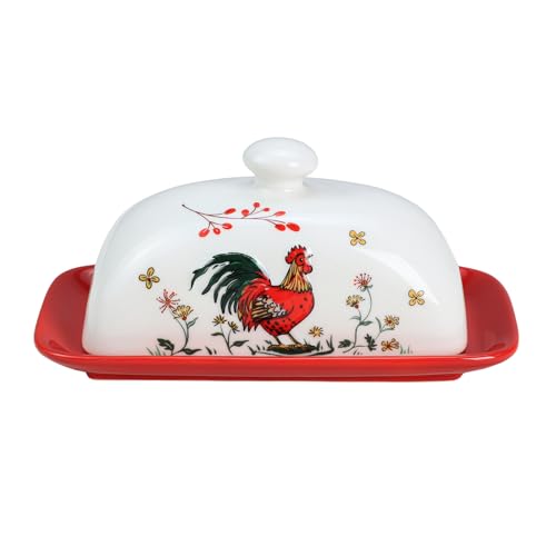Bicuzat Ceramic Butter Dish with Lid Butter Keeper Butter Plate Tray for Kitchen Countertop Embossed Rooster Pattern Butter Crock Keeper Saver