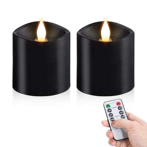Image of 3x3 Flickering Flameless Candles Set of 2, Real Wax LED Candles,with Timer, 3 inch Flameless Candles with Remote,Battery Operated Candles, for Party /Wedding,Black