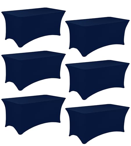 Image of 6 Pack 6FT Spandex Table Covers Washable Wrinkle Resistant Fitted Rectangle Tablecloth for Folding Table Wedding Party Birthday Banquet Bar Events(Navy Blue)