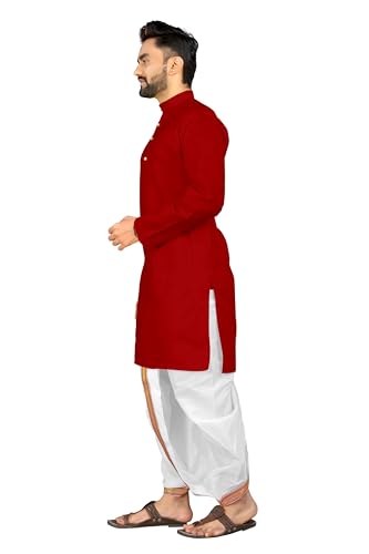 Image of UNIQUE MOMENTS Men's Cotton Dhoti Kurta Set with Full Sleeves Solid Pattern Modern Style and Mandarin Collar Neck | Perfect for Puja & Celebrations