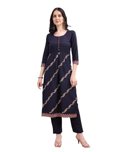 Ensemble kurta droite brodée en rayonne pour femme chic