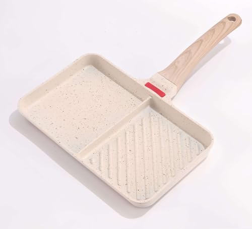 Gamire フライパン 鍋 仕切り付き 四角 2つ穴 4つ穴 オール熱源対応 2種類料理同時調理 朝食 卵焼き 木製のハンドル 多機能 耐久性 掃除が簡単 モダン 一人暮らし 家庭用 カフェ レストラン 業務用 (ベージュ,2つ穴)