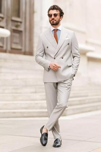 Mens Double Breasted Suit 2 Piece Classic Regular Fit Business Casual Wedding Prom Suits for Men2