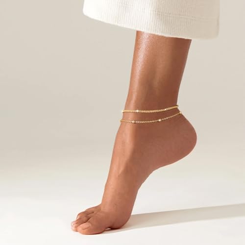 Image of Robaice Ankle Bracelets for Women, Glitter Waterproof Adjustable Anklet for Women, 14K Gold Plated /Sterling Silver Layered Anklets, Summer Beach Anklet Jewelry for Women Gift