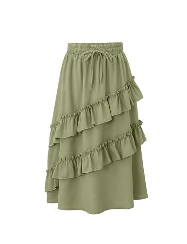 Image of Girls High Waisted Ruffle Maxi Skirt Soft Cotton Long Skirts with Elastic Waistband for Kid Girl 3-12 Years
