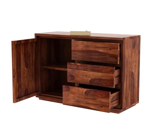 Image of SHIKHA WOOD CRAFT Solid Sheesham Wood Sideboard Cabinet with 3 Drawers and 1 Door Storage | Multipurpose Wooden Chest of Drawers Furniture for Bedroom, Living Room, Home, and Office (Natural Finish)