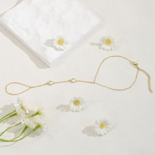 BAYLAY Hand Chain, Ring Bracelet Hand Chain 14K Gold Plated CZ Finger Ring Slave Bracelets Dainty Gold Bracelet for Women Zircon Hands Jewelry for Women Summer Essentials Boho Beach Gifts Trendy Stuff — view 5