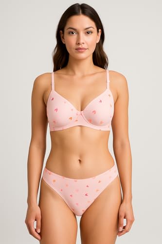 Image of Women Cotton Bra Panty Set | Padded Heart Print Non-Wired Full Coverage T-Shirt Bra with Panty || Comfortable Lingerie Set for Women & Girls|| Pink