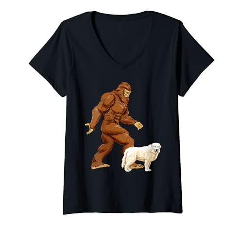 Womens Funny Bigfoot Walking Great Pyrenee Sasquatch Dog V-Neck T-Shirt, Black