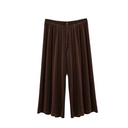 Women's Crop Pajama Pants Fashion Solid Elastic Waist Wide Leg Lounge Capris Comfy Stretch Loose Capri Trouser(Coffee,Medium)