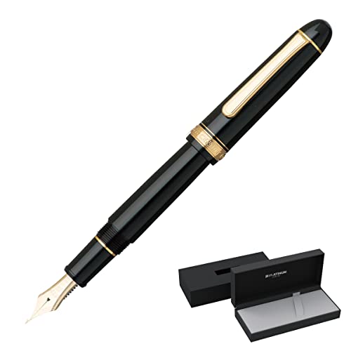 PLATINUM Japanischer Füllfederhalter #3776 Century Gold Trim Black in Black SF/Schwarz/ 0,30-036 mm/Handgefertigt/Feder aus 14-Karätigem Gold/mit Geschenkbox/Füllhalter