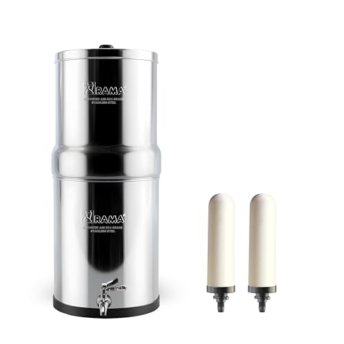 Image of RAMA Gravity Water Filter | 24L Total Capacity (12L Storage) | 304 Stainless Steel Non Electric Water Purifier Filter for Home | 10-Year Warranty | Includes 2 Spirit 7 inch Ceramic Candles & Steel Tap
