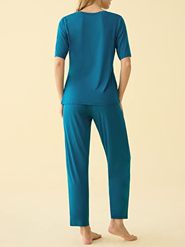 Latuza Women's Bamboo Viscose Pajama Set V-Neck Top Lounge Pants With Pockets M Teal #TOP1