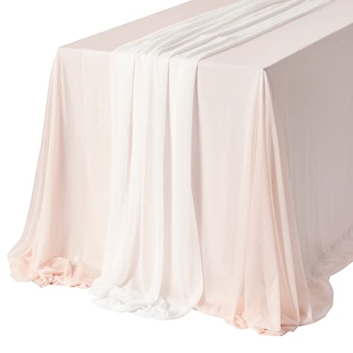 Ling's Moment Sheer Chiffon Tablecloth & Runner Set for 3x4ft Rectangle Table Decor Table Cloth in Blush & White for Wedding Reception Head/Sweetheart Desk