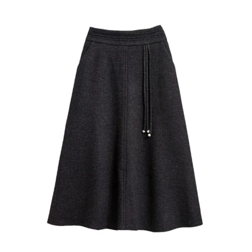 Women Fall Winter in Woolen Fabric Vintage Style Mid Plus Size High Waist Midi A- Line Skirt Black XL