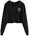 ROMWE Hoodie Sweatshirt Long Sleeve Embroidered Crop Top Black M