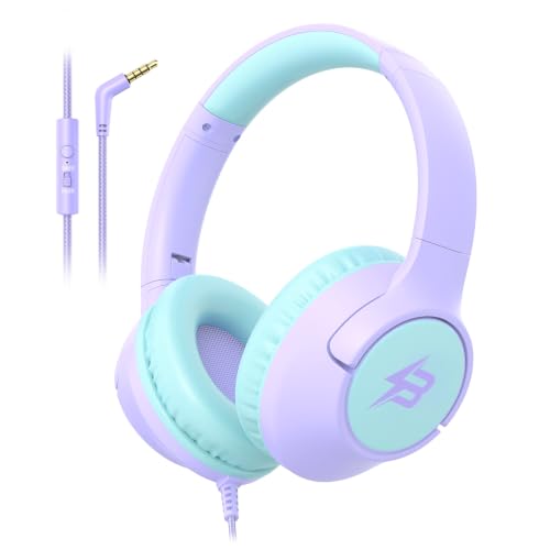 Kids Headphones Wired for School, 3.5mm Safe Volume Limit with Mic, Purple
