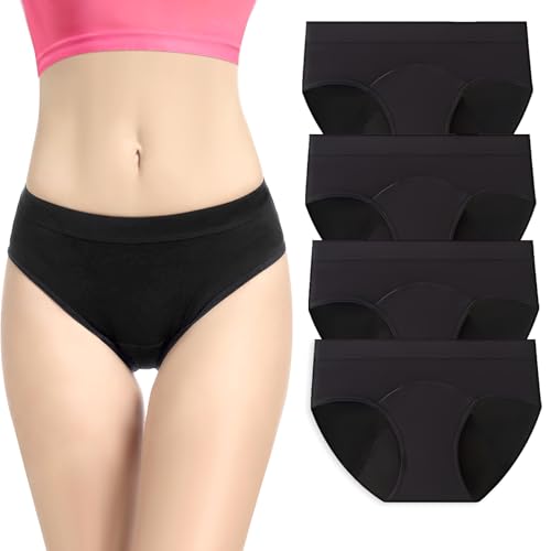 Artomnivera Teen Period Pants | Period Underwear for Teenage Girls 8-18 Years | First Period Kit & Reusable Knickers | Leakproof for Heavy Flow | Cotton Soft Mid Waist | 4 Pack Black (XS)