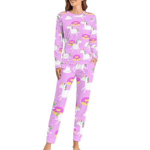 Pyjama licorne rose pour femme ensemble t-shirt manches longues et pantalon