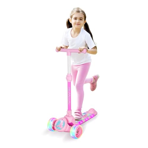 Nattork Kids Scooter with Light Up Wheels, Deck and Headlight, Wide Anti-Slip Deck and T-bar Handle with Rear Foot Brake, Adjustable Height 3 Wheel Scooter for Kids Ages 3+ and up to 220Lbs 