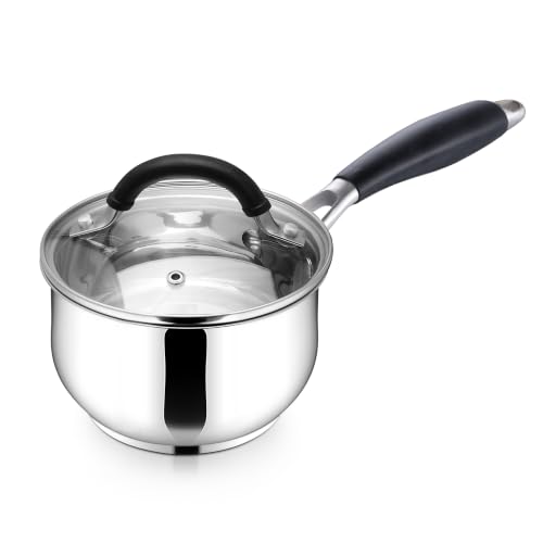 E-far 1 Quart Sauce Pan with Lid, Tri-Ply Base Stainless Steel Small Saucepan with Stay-Cool Handle, Non-toxic Kitchen Cooking Sauce Pot, Compatible with All Cooktops, Dishwasher Safe
