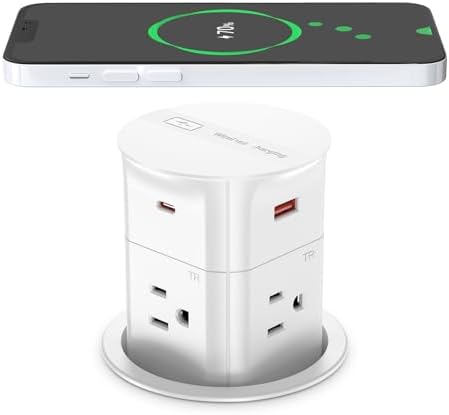ANNQUAN 3.15" Pop Up Countertop Outlet with 15W Wireless Charger,Max 20W Power Delivery,800J Surge Protection,Pop Up Electrical Outlet with 4 Outlets 4 USB Ports for Home Office(ETL Listed)