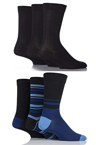 SockShop Mens 6 Pair Socks - Soft, Breathable & Cooling Bamboo Socks with a Gentle Comfort Cuff in Plains and Stripes, Bright and Colourful Multipack 7-11, Black Blue Black