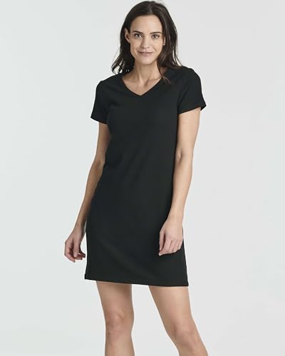 Image of Real Essentials 3 Pack: Women's Ribbed Knit Short-Sleeve V-Neck Swing T-Shirt Casual Dress (Available in Plus)