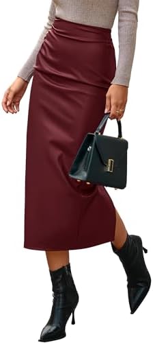 BTFBM Skirts for Women Trendy Fall 2025 Elastic Waist Ruched Bodycon Slit Pencil Midi Leather Skirt Bussiness Casual