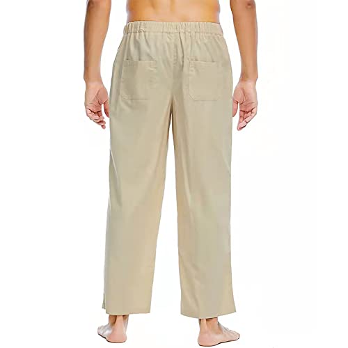 Cdiecer Cotton Linen Pants for Men Elastic Waist Drawstring Straight Leg Pants Casual Solid Color Beach Trousers4
