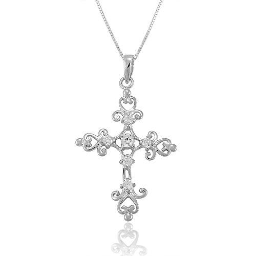 Chuvora 925 Sterling Silver Filigree Cross with Clear Cubic Zirconis CZ Pendant Necklace, 18 inches