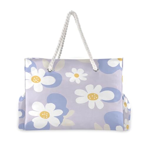Beach Bag - Large Tote Bags for Women White Flower Pattern Purple Shoulder Bags Zipper Waterproof Sandproof for Travel Gym Swim Daily2