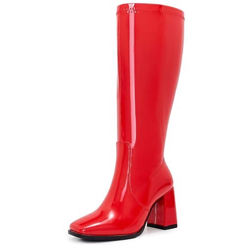 Image of Knee High Boots for Women - Wide Calf Boots with Zipper, Square Toe Tall Leather Boots, Chunky Heel Fashion Long Boots