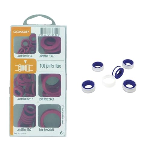 Comap Coffret de 100 Joints fibre pour eau chaude/froide & Mannesmann Lot de 5 rouleaux de ruban d'étanchéité en téflon, M42605