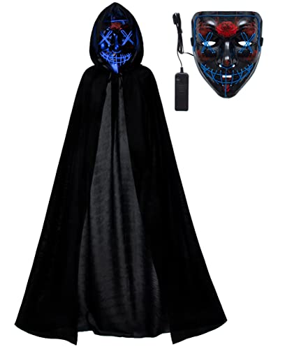 Kids Full Length Hooded Velvet Cloak Halloween Cape Costumes With Blue Led Light Up Scary Mask (55"/140Cm) #TOP9