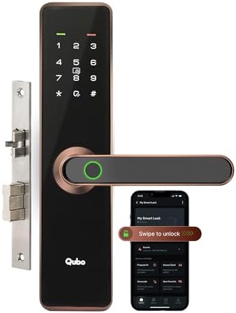 QUBO Smart Door Lock Essential from Hero Group | 5-Way Unlocking | Fingerprint | Pincode| RFID Access Card | Mobile App| Mechanical Key | OTP Access |High Strength Deadbolt | (Copper)