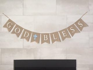 God Bless Burlap Boy Banner - Baptism - First Communion - Christening - Baby Shower - 5 Blue Latex Balloons