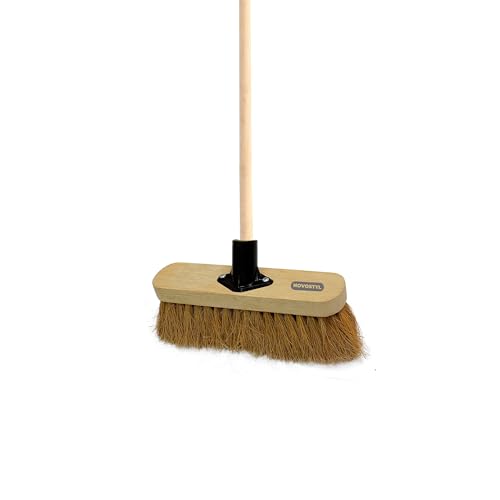 10” Soft Broom Indoor with Wooden Handle Natural Coco Bristles Sweeping Brush with Durable Support Bracket for Cleaning Any Surface Wooden Floor Decking and Paving Slabs (Pack of 1)