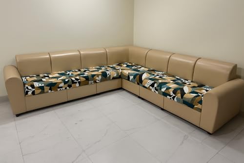 Image of JAPA Abstract Geo Teal-Mustard Quilted Velvet L-Shape Seat-Only Sofa Cover for 3+3 Seater - Non-Slip Washable Daily Use Sofa Protector, Luxury Sofa Mat for Living Room