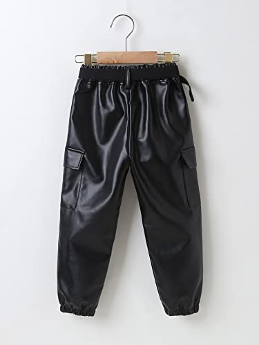 Shein Girl's Pu Faux Leather Elastic High Waisted Straight Leg Belted Cargo Pants Black 130 #TOP1