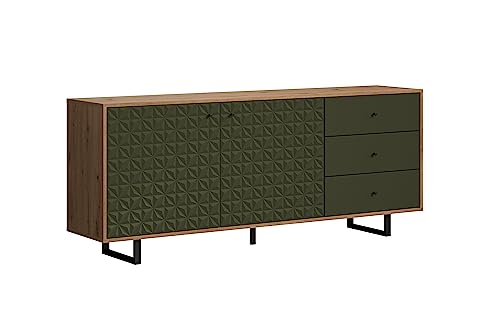 trendteam smart living - Sentra - Sideboard - Dunkelgrün/Eiche - Kommode mit 2 Türen und 3 Vollauszug Schubladen mit angesagter Fräsung - (BxHxT) 183 x 75 x 40 cm - schwarze Metall Griffe und Füße