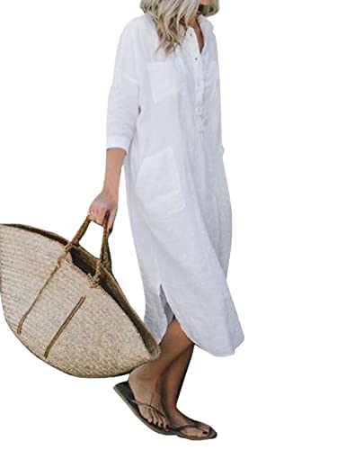 Zanzea Plus Size Dress Cotton Lapel Casual Shirt Dresses Long Sleeve Pocket Sommer Maxi Dresses White-C13479 3Xl #TOP4