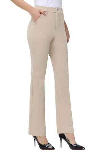 iChosy Womens Stretchy Straight Leg Dress Work Pants Business Office Casual Slacks with Pockets PaleKhaki 4 Short